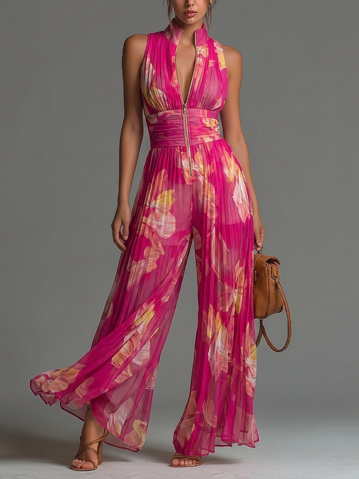 Olive | Floral Pleated Halter Neck Wide-Leg Jumpsuit