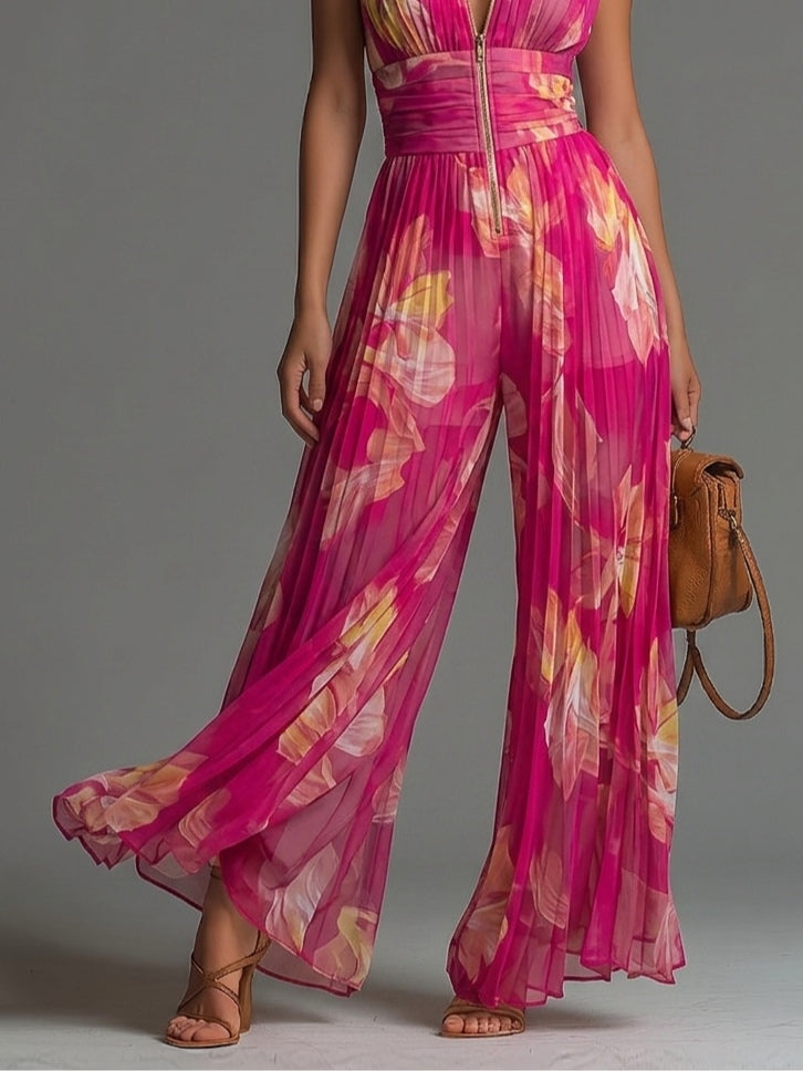 Olive | Floral Pleated Halter Neck Wide-Leg Jumpsuit