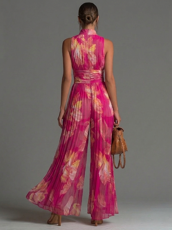 Olive | Floral Pleated Halter Neck Wide-Leg Jumpsuit