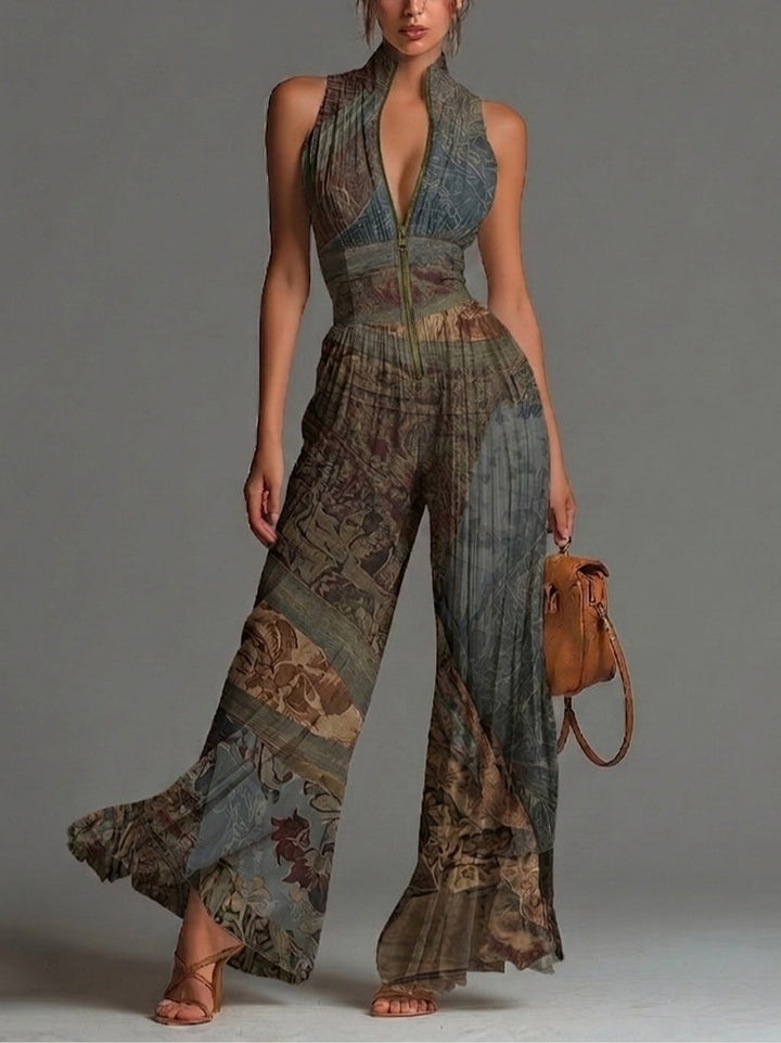 Poppy | Ethnic Print Pleated Halter Wide-Leg Jumpsuit