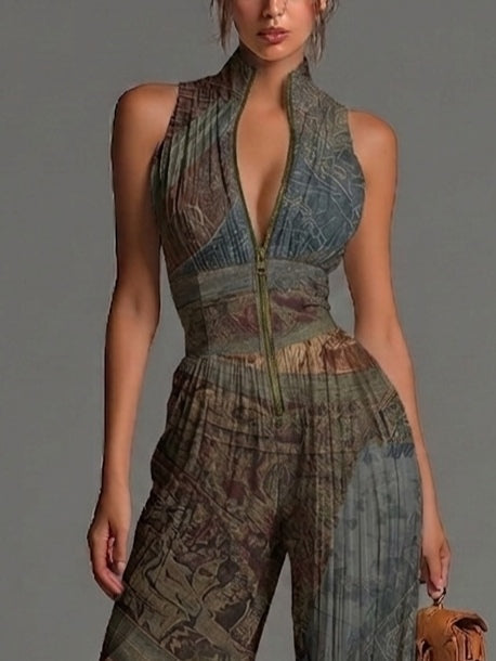 Poppy | Ethnic Print Pleated Halter Wide-Leg Jumpsuit