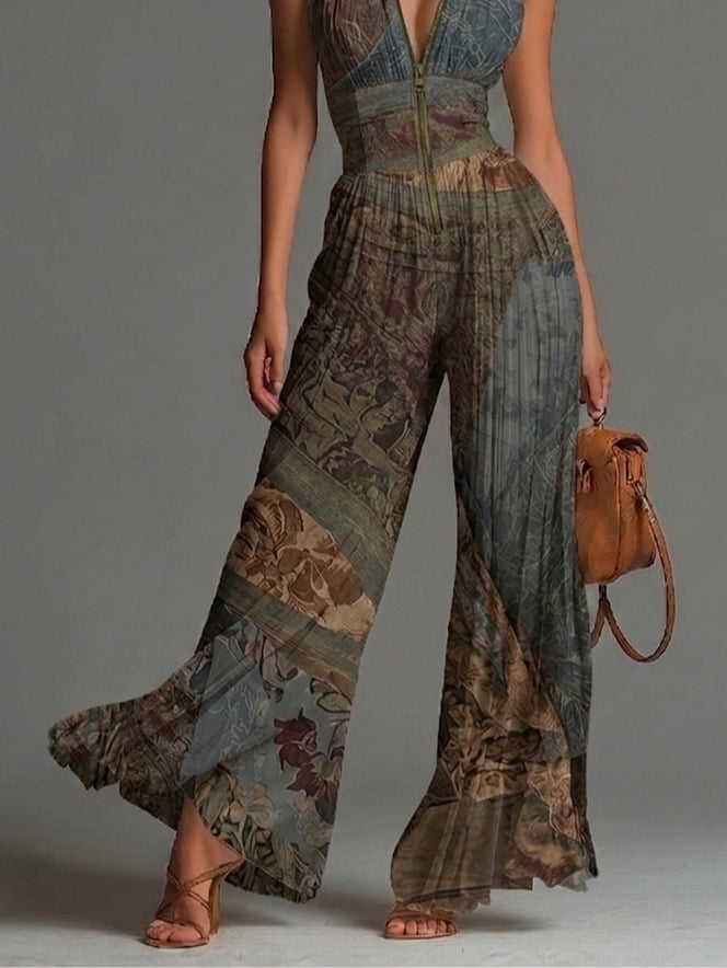 Poppy | Ethnic Print Pleated Halter Wide-Leg Jumpsuit