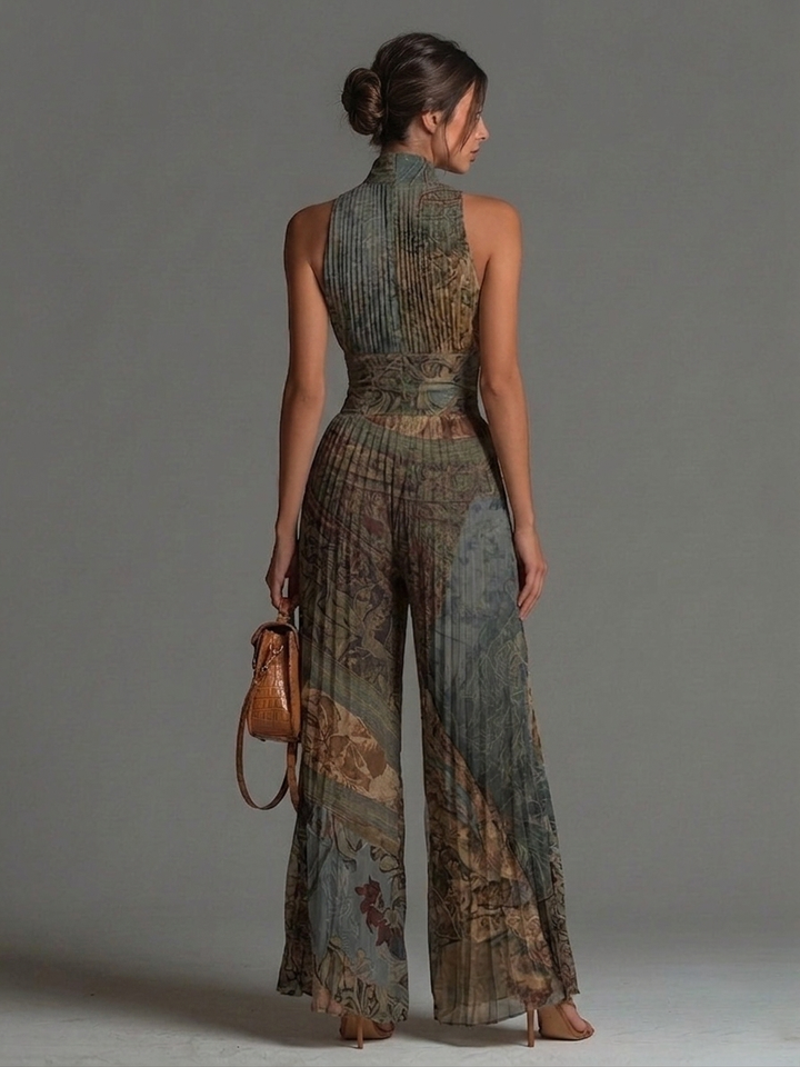 Poppy | Ethnic Print Pleated Halter Wide-Leg Jumpsuit