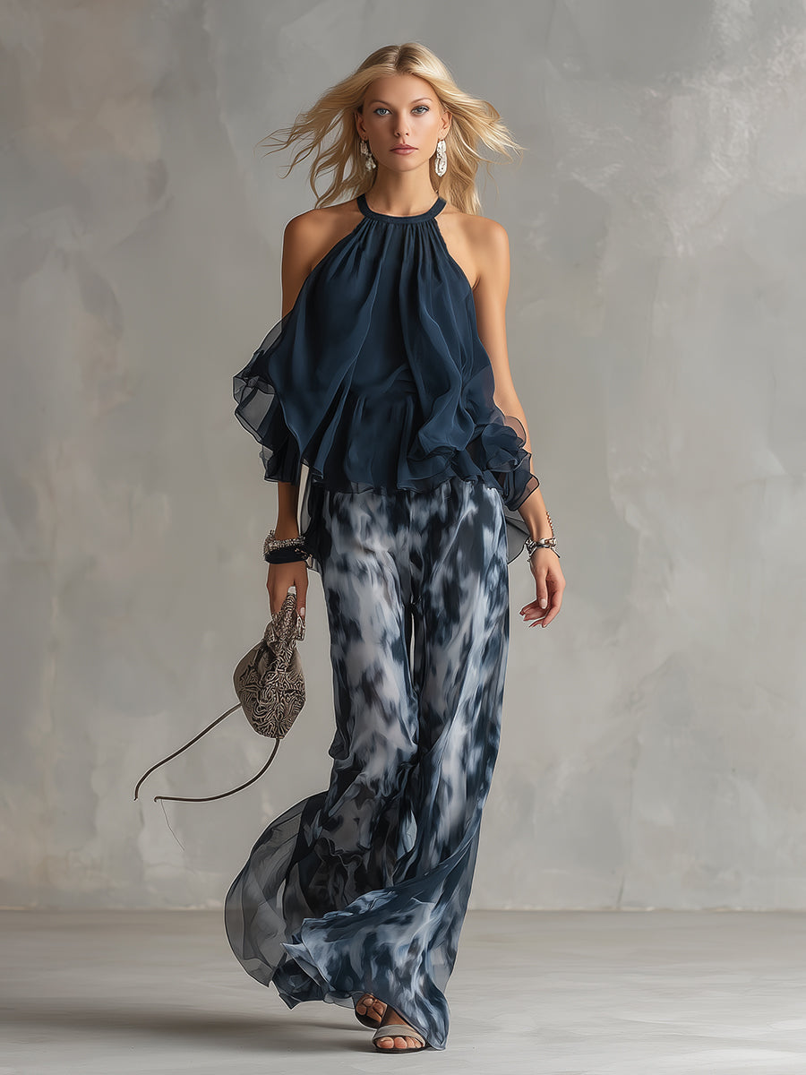 Ludovica | Ruffled Halter Top & Tie-Dye Wide-Leg Chiffon Set