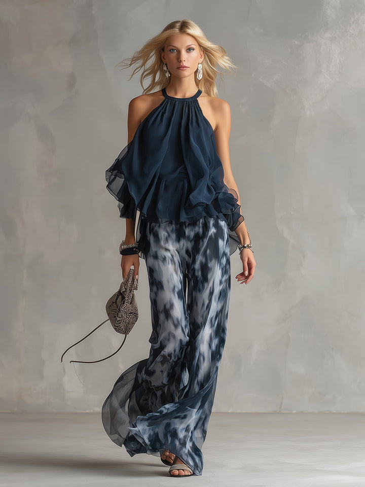 Ludovica | Ruffled Halter Top & Tie-Dye Wide-Leg Chiffon Set
