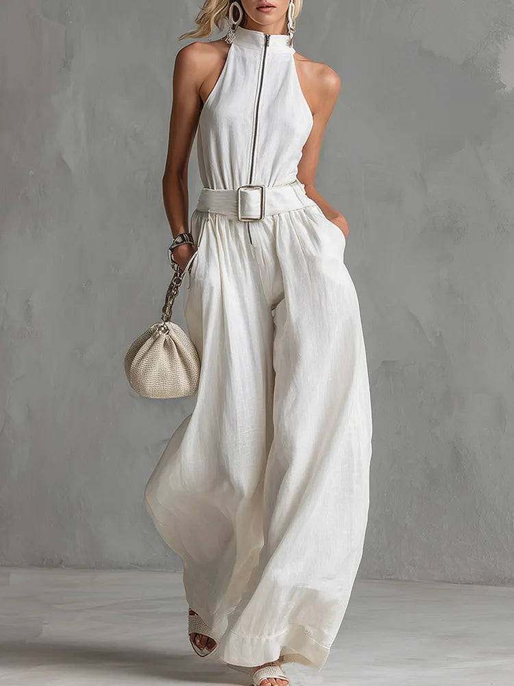 Rosalie | Belted Halter Neck Wide-Leg Jumpsuit