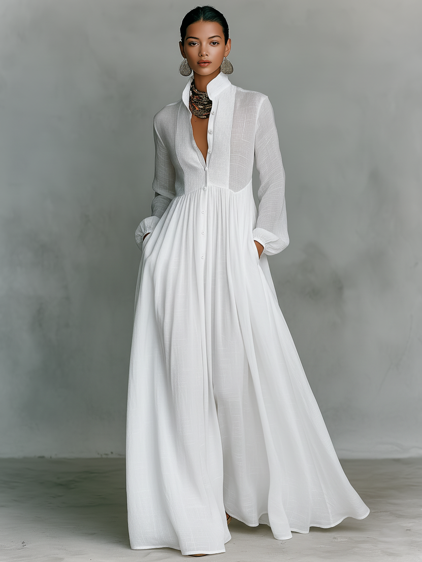 Octavia | Pintuck Bib Stand-Collar Maxi Dress