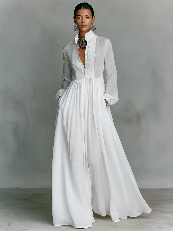 Octavia | Pintuck Bib Stand-Collar Maxi Dress