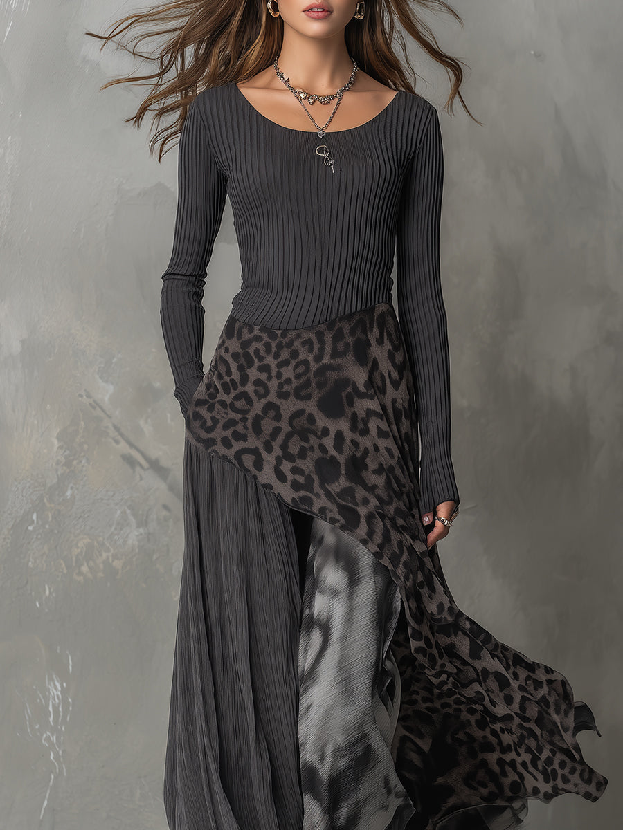 Martina | Ribbed Knit Top & Leopard Print Chiffon Maxi Skirt Set