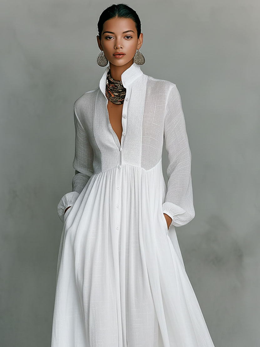 Octavia | Pintuck Bib Stand-Collar Maxi Dress