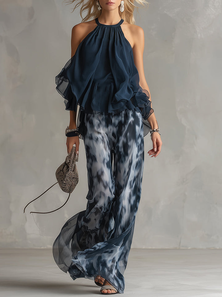 Ludovica | Ruffled Halter Top & Tie-Dye Wide-Leg Chiffon Set