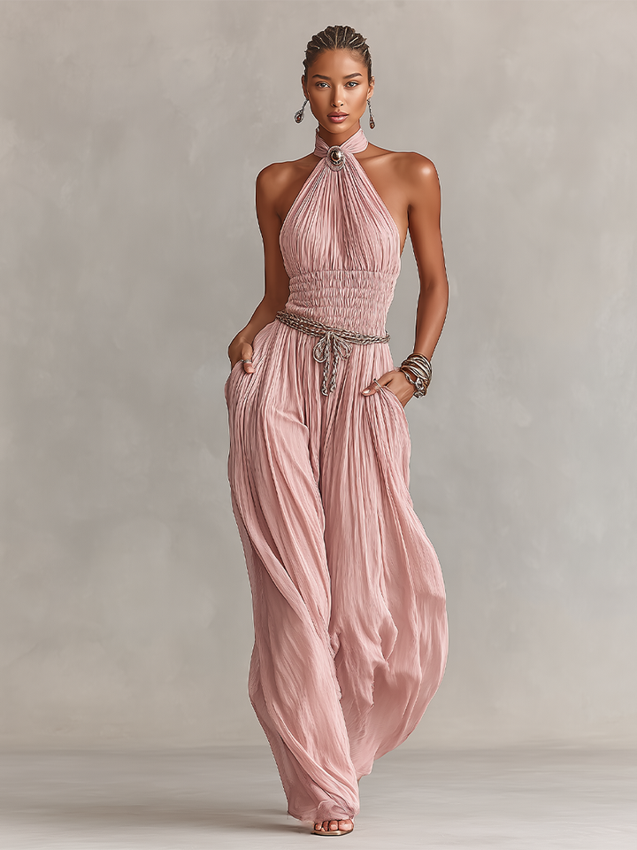 Sabrina | Brooch Halter Neck Ruched Waist Pleated Jumpsuit