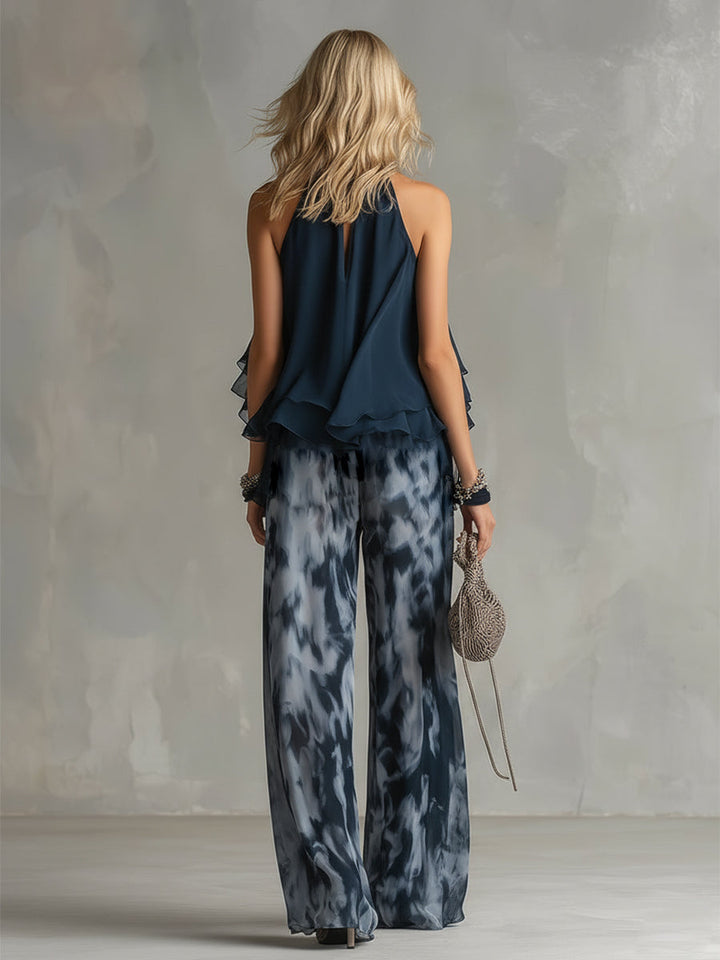 Ludovica | Ruffled Halter Top & Tie-Dye Wide-Leg Chiffon Set