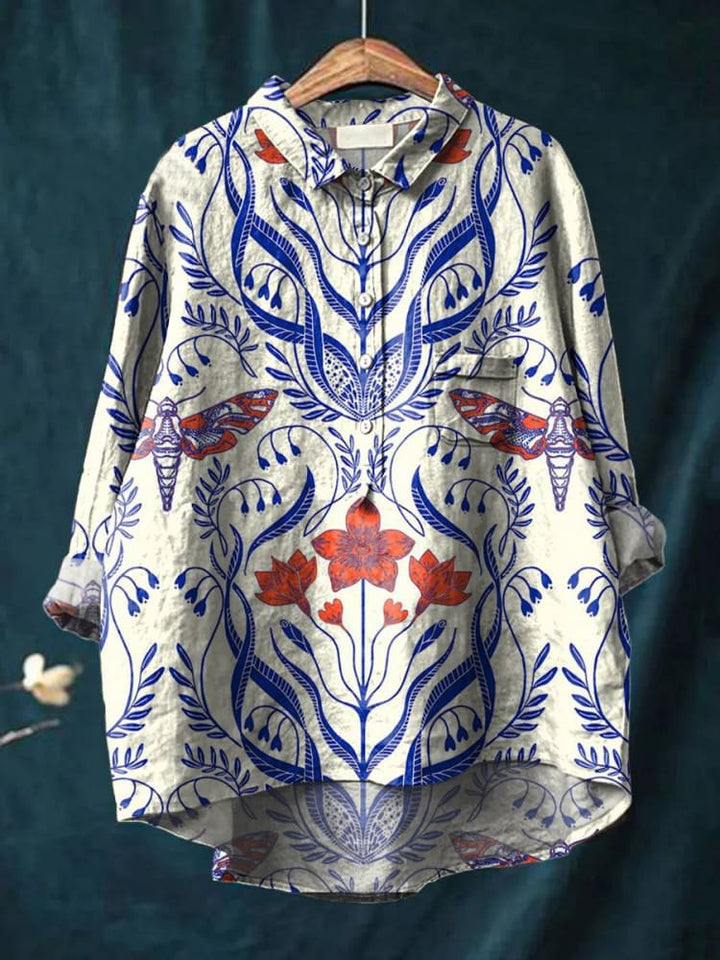 Allison Symmetrical Botanical Print Popover Blouse