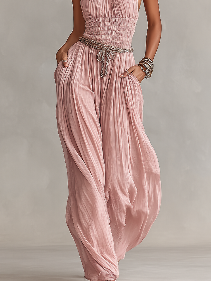 Sabrina | Brooch Halter Neck Ruched Waist Pleated Jumpsuit
