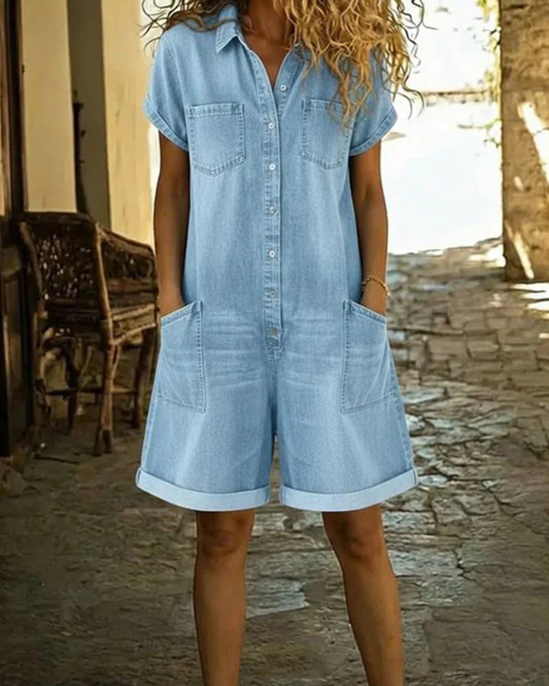 Paola | Button-Front Denim Short Jumpsuit
