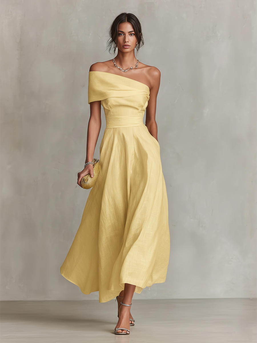 Olive | One-Shoulder Pleated Midi Dress