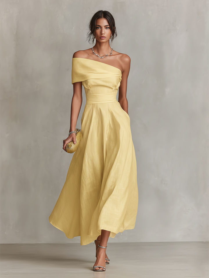 Olive | One-Shoulder Pleated Midi Dress