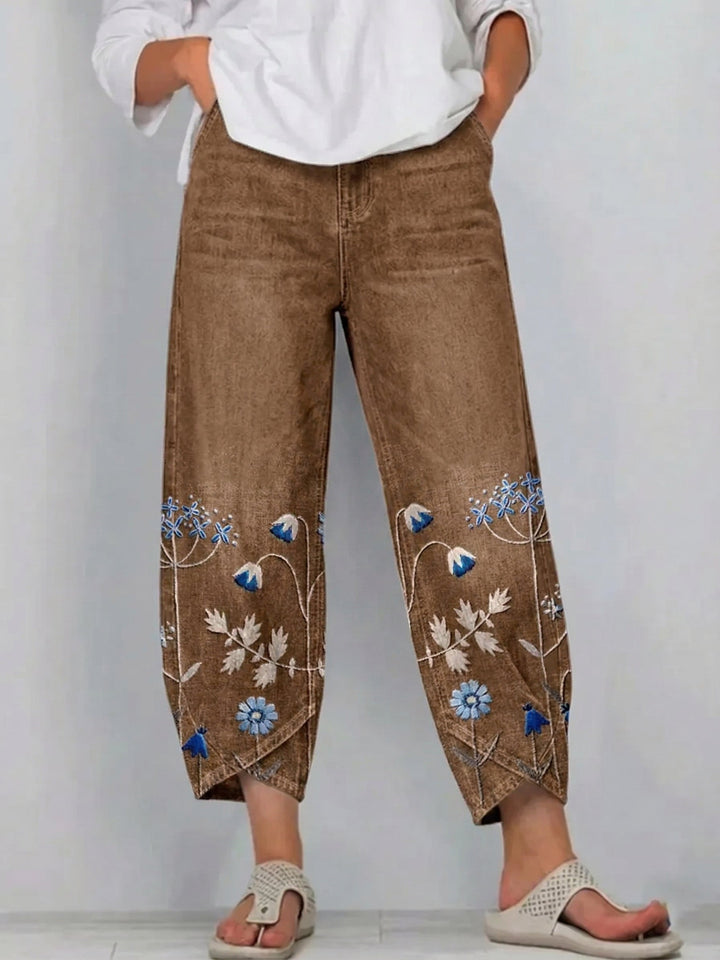 Purple | Floral Embroidered Casual Trousers