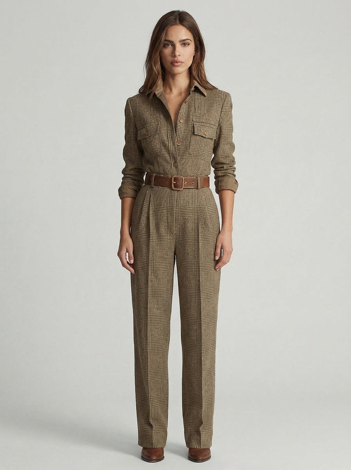 Celia | Belted Houndstooth Zip-Front Jumpsuit