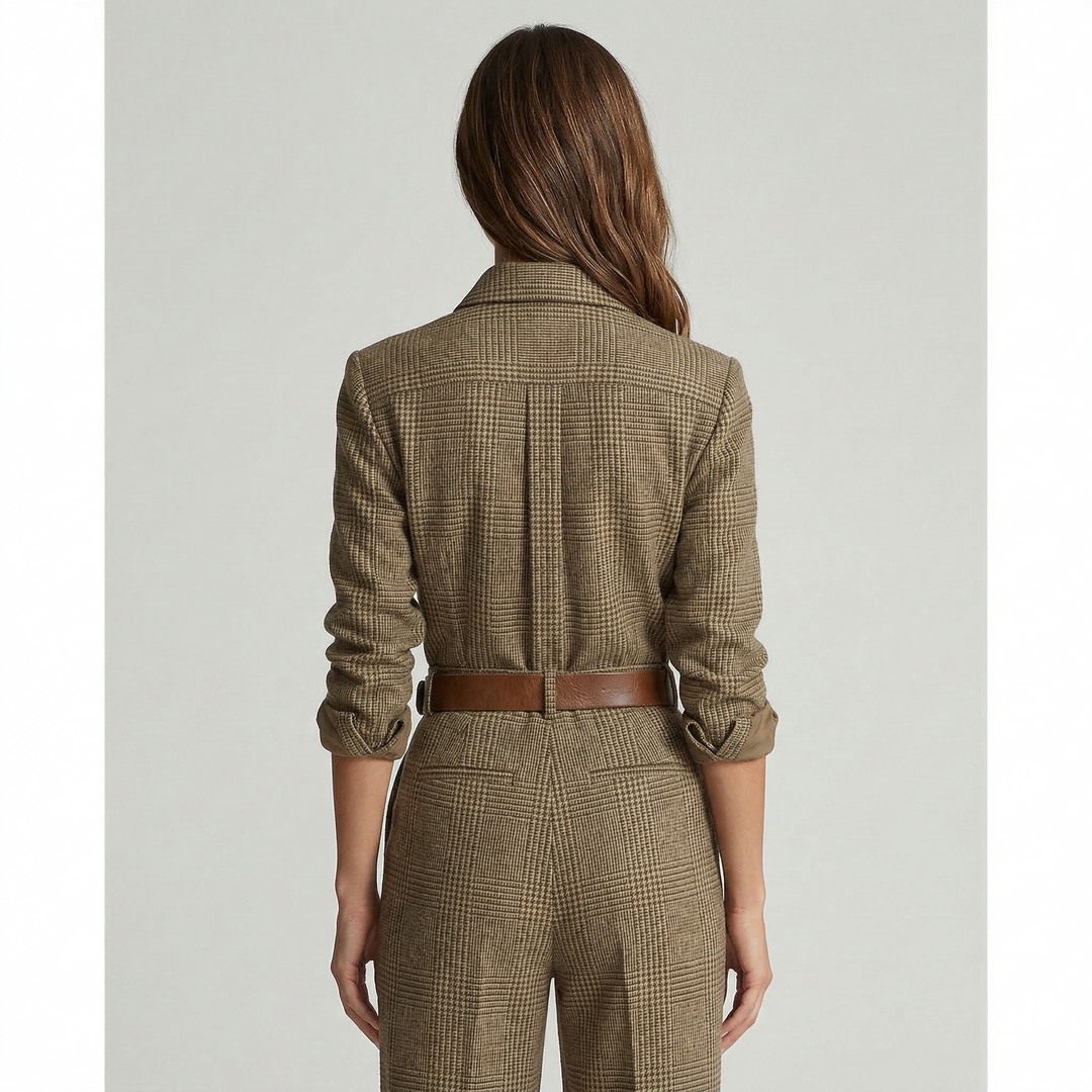 Celia | Belted Houndstooth Zip-Front Jumpsuit