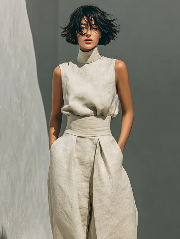 Nuria | Linen Turtleneck Top & Wide-Leg Trouser Set
