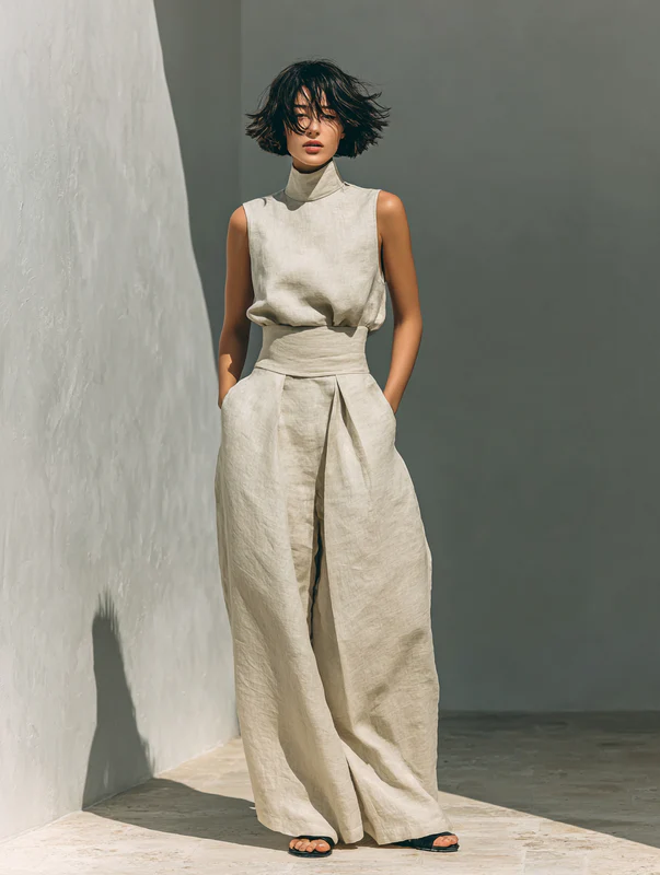 Nuria | Linen Turtleneck Top & Wide-Leg Trouser Set