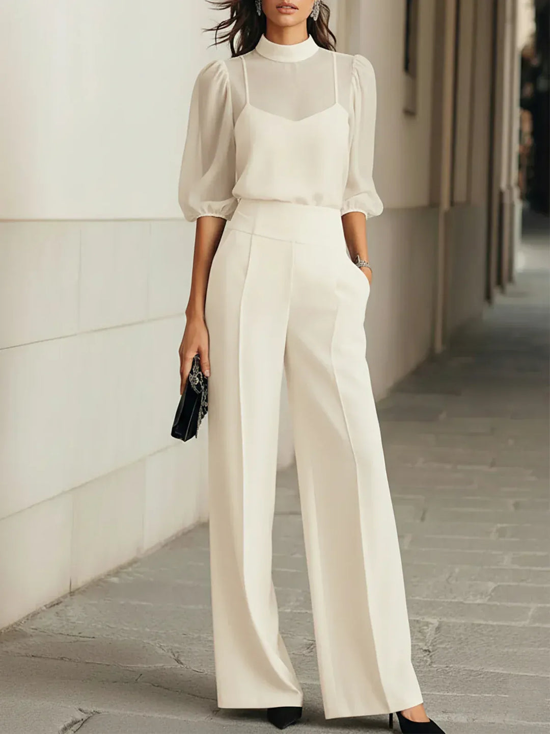 Valentina | Sheer Puff-Sleeve Camisole & Wide-Leg Trouser Set