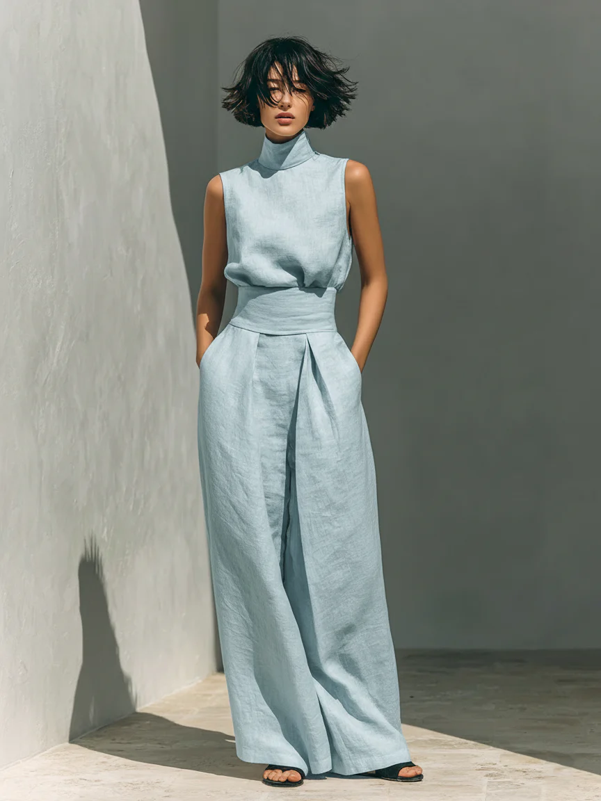 Nuria | Linen Turtleneck Top & Wide-Leg Trouser Set