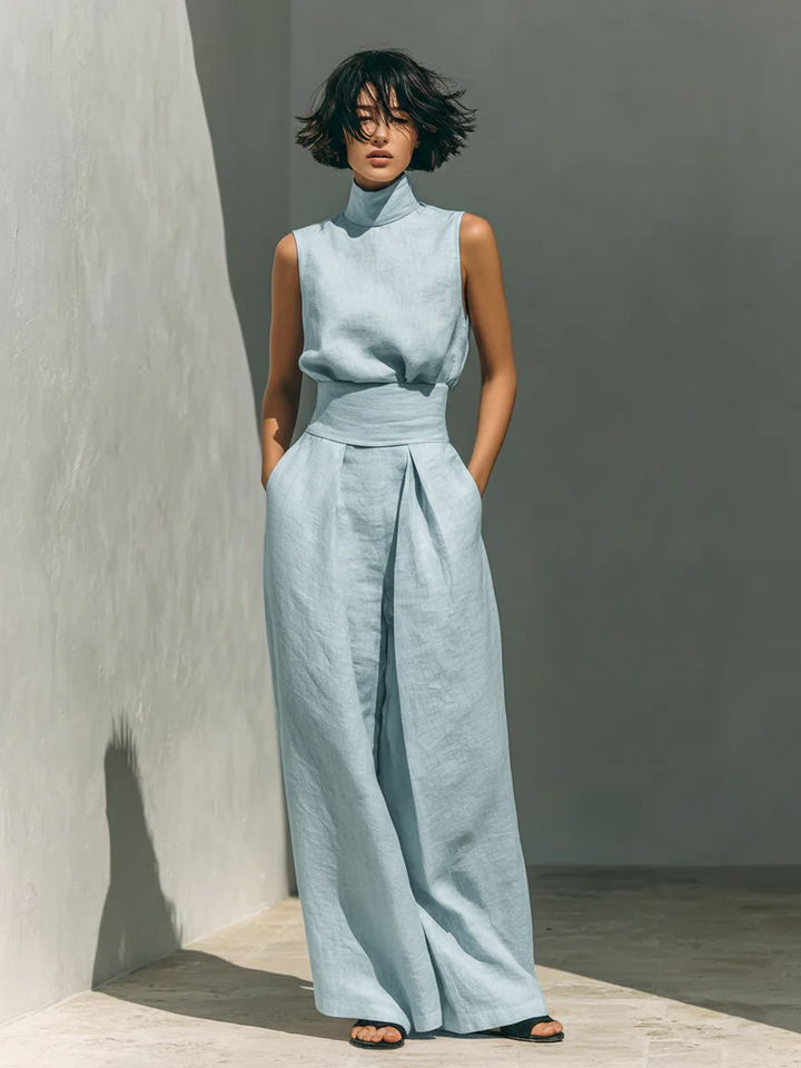 Nuria | Linen Turtleneck Top & Wide-Leg Trouser Set
