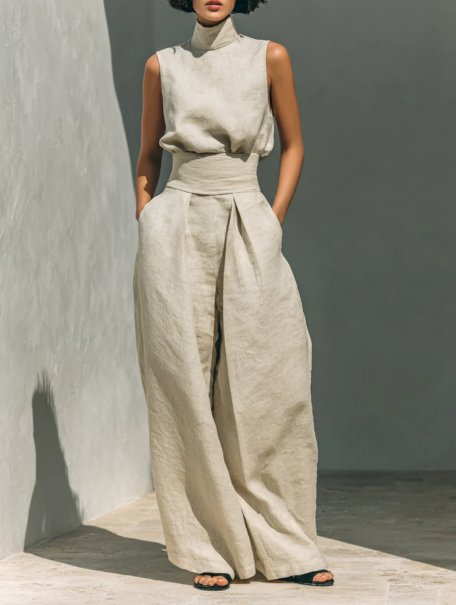 Nuria | Linen Turtleneck Top & Wide-Leg Trouser Set