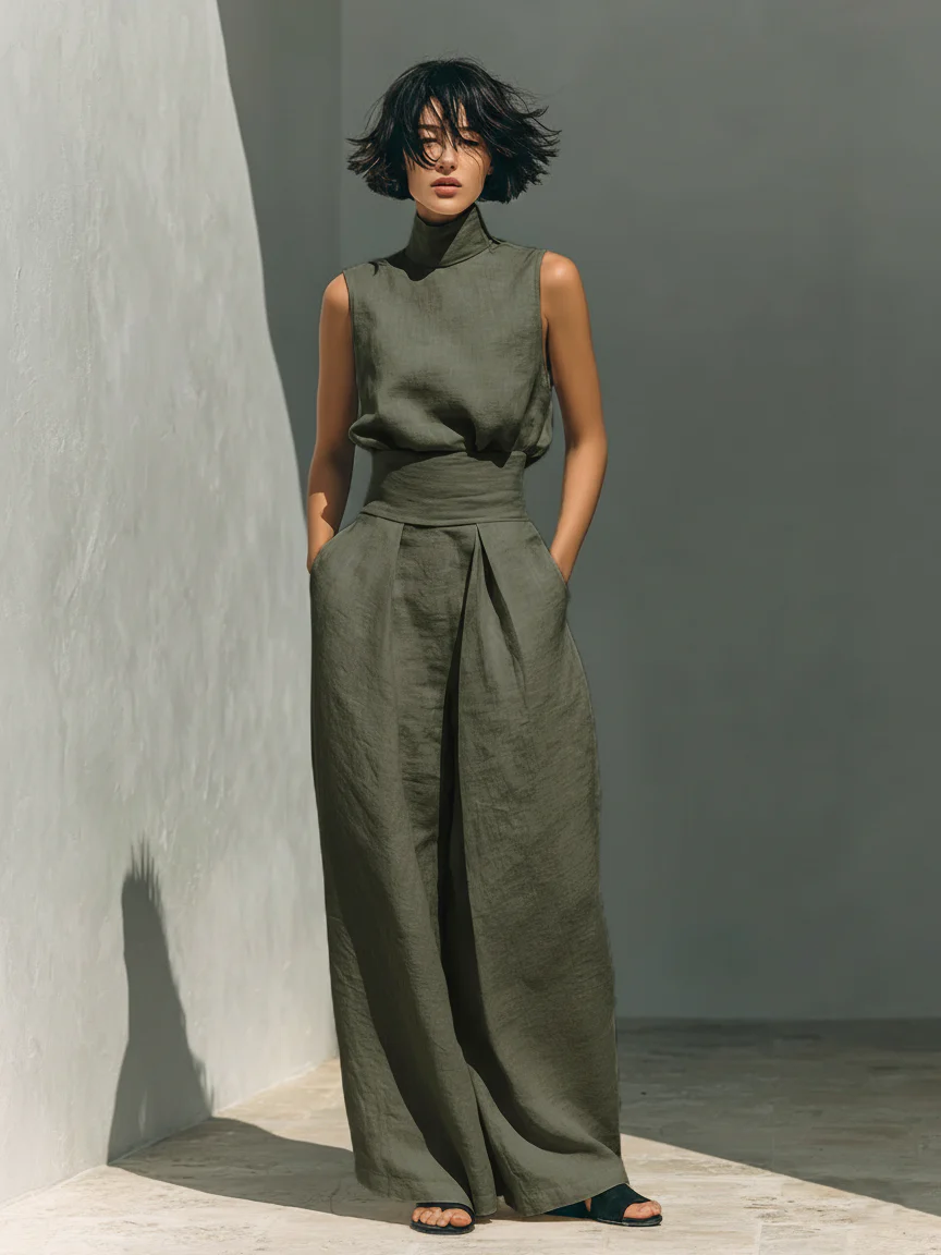 Nuria | Linen Turtleneck Top & Wide-Leg Trouser Set