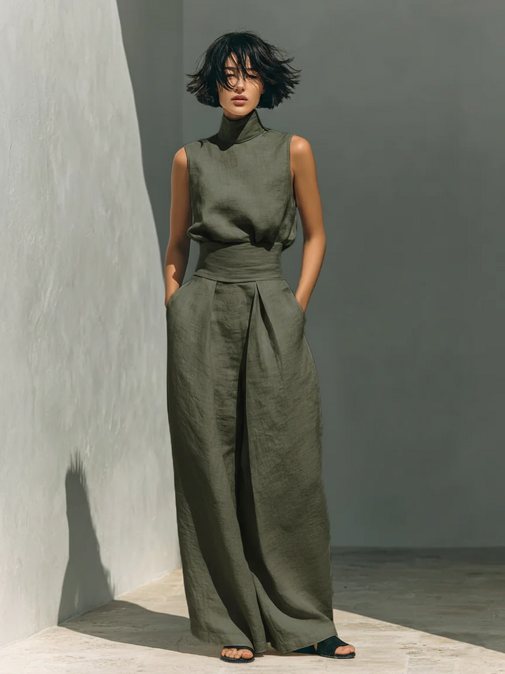 Nuria | Linen Turtleneck Top & Wide-Leg Trouser Set