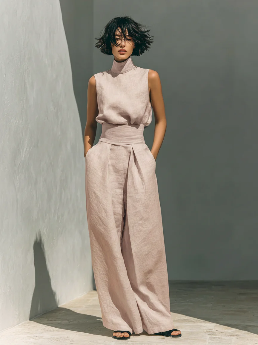 Nuria | Linen Turtleneck Top & Wide-Leg Trouser Set