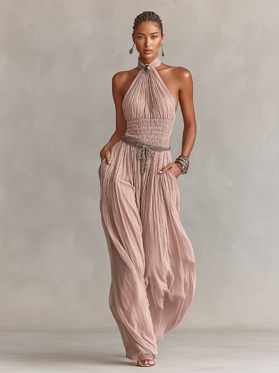 Sabrina | Brooch Halter Neck Ruched Waist Pleated Jumpsuit