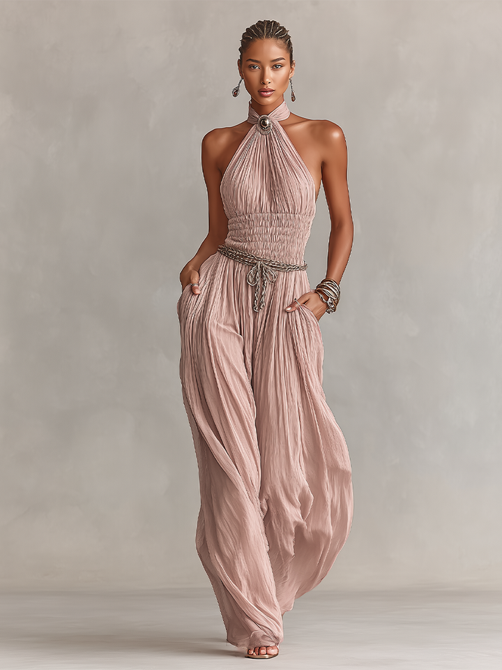 Sabrina | Brooch Halter Neck Ruched Waist Pleated Jumpsuit