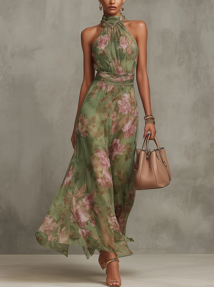 Noelle | Floral Halter Neck Chiffon Maxi Dress