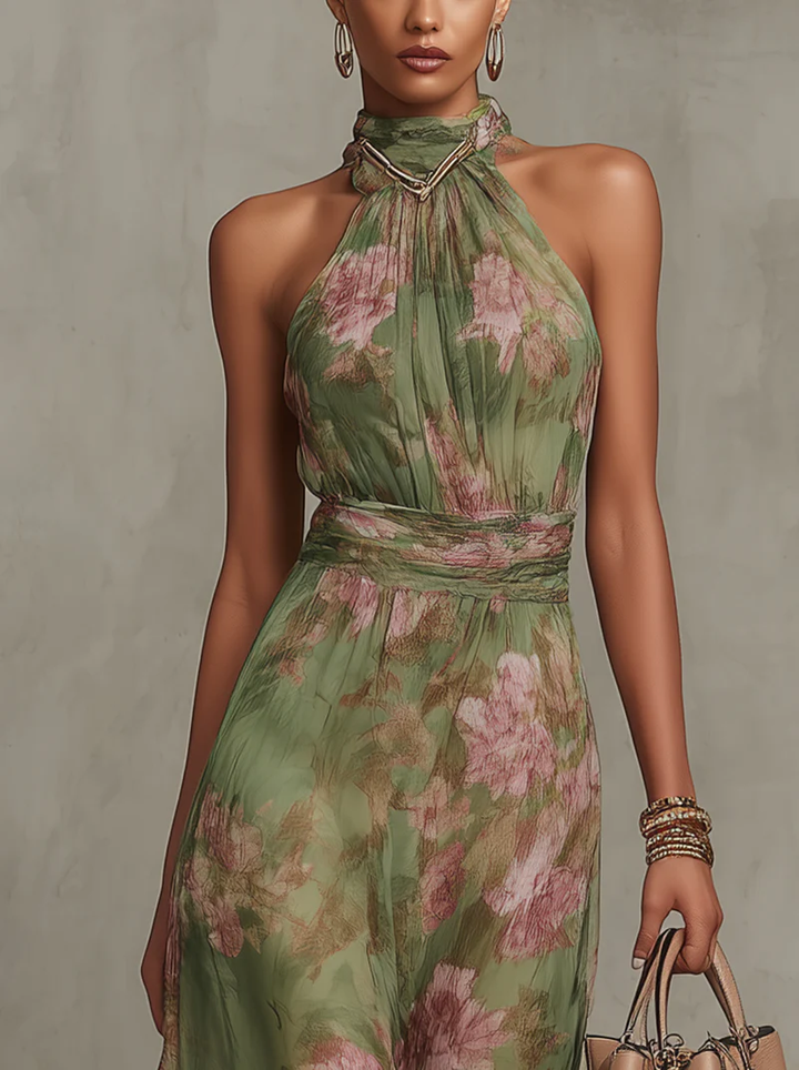 Noelle | Floral Halter Neck Chiffon Maxi Dress