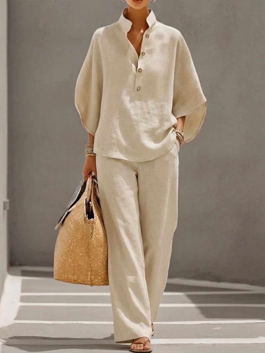 Eszter | Batwing Sleeve Top & Wide-Leg Linen Set