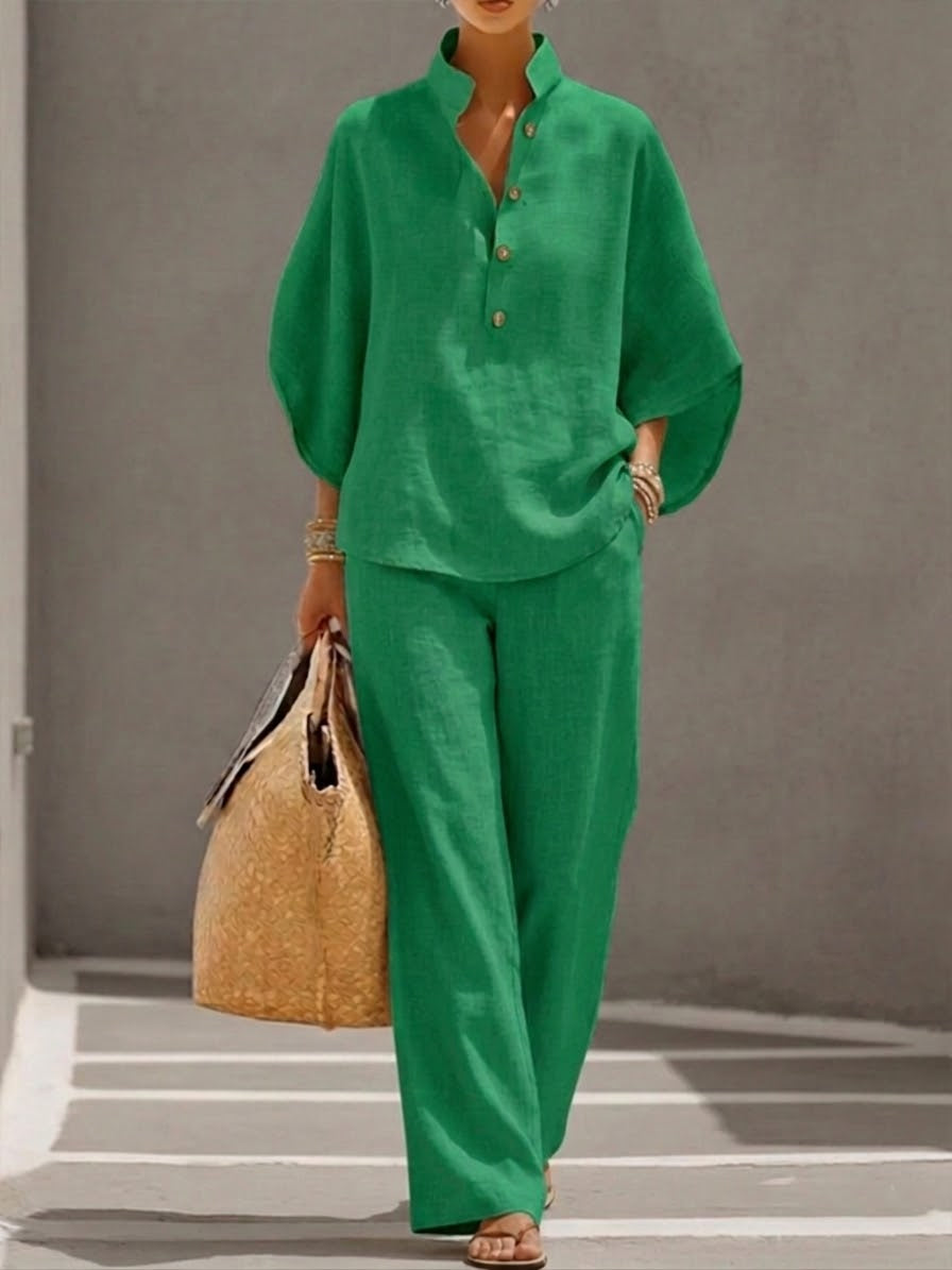 Eszter | Batwing Sleeve Top & Wide-Leg Linen Set