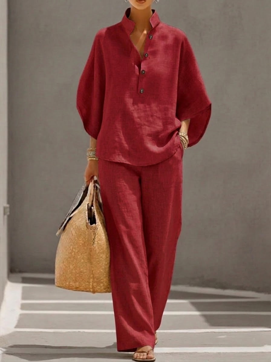 Eszter | Batwing Sleeve Top & Wide-Leg Linen Set