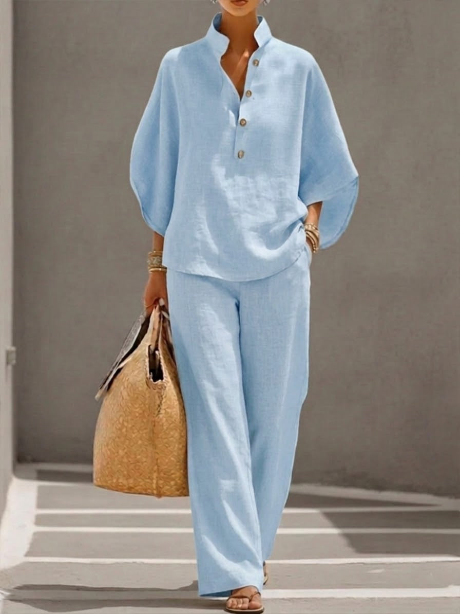 Eszter | Batwing Sleeve Top & Wide-Leg Linen Set