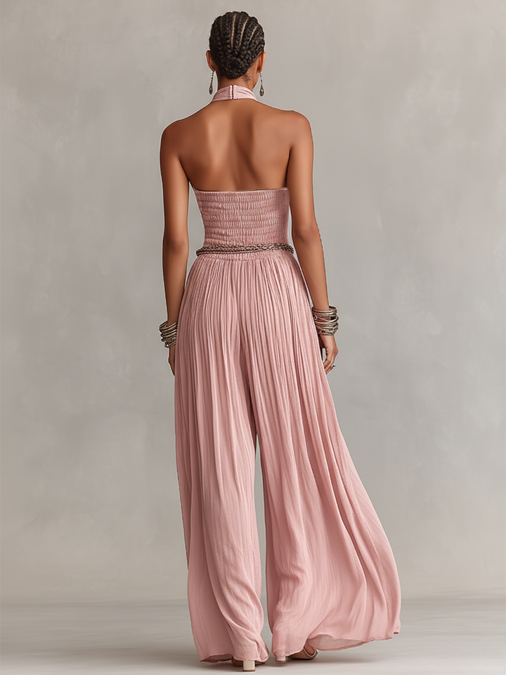 Sabrina | Brooch Halter Neck Ruched Waist Pleated Jumpsuit